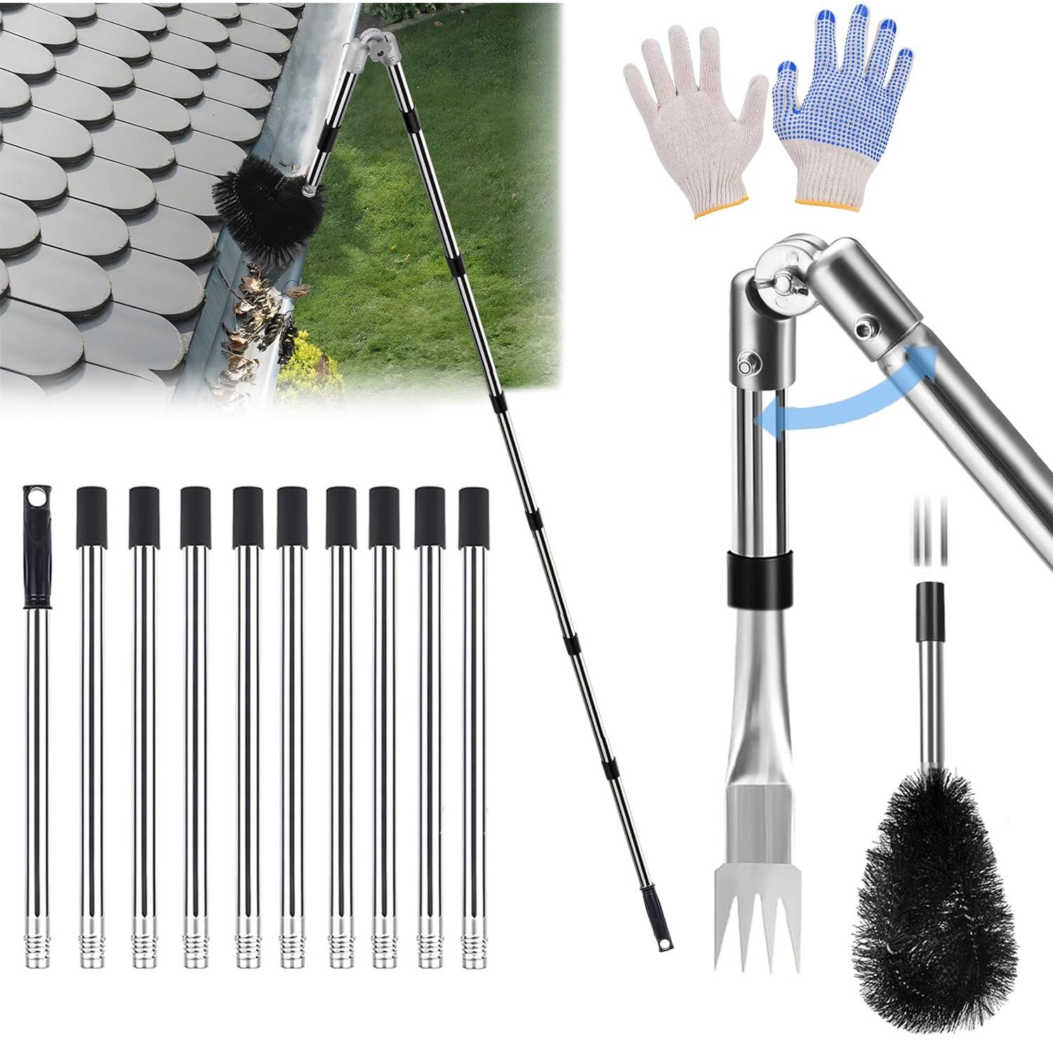 SHJKBST 12Pcs 4M Stainless Steel Telescopic Roof Gutter Cleaning Tools Kit, product photo